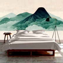 Wall mural or wallpaper watercolor mountains illustration with textures green tones