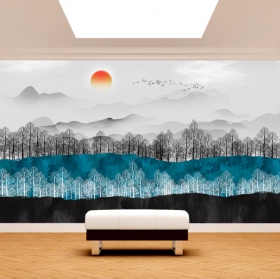 Wall mural or wallpaper illustration autumn mountains watercolor style with birds