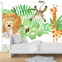 Wall mural or wallpaper children's drawing animals in watercolor
