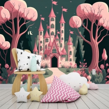 Wall mural or wallpaper children's illustration pink fairy tale castle