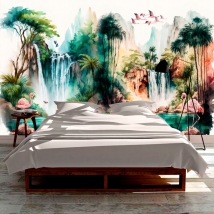 Wall mural or wallpaper tropical paradise illustration with lake waterfalls and flamingos