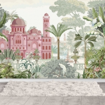 Wallpaper or photomural drawing classic palace in tropical forest