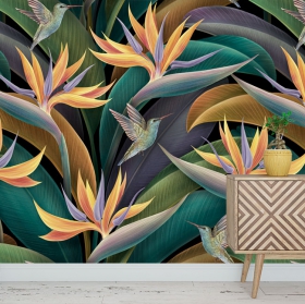 Wallpaper or mural drawing plant bird of paradise and hummingbird pattern