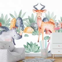 Wallpaper or mural watercolor drawing baby animals in nature