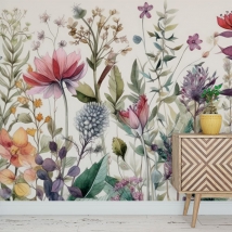 Wallpaper or mural drawing wild vintage flowers