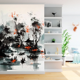 Wallpaper or wall mural drawing japanese ink painting lake landscape with boats