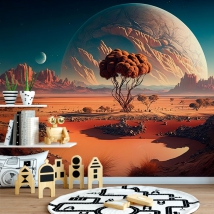Wallpaper or mural landscape red planet science fiction two moons
