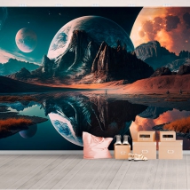 Wallpaper or mural planet outer space 3 moons science fiction