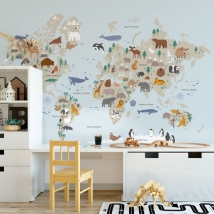 Wallpaper or photomural children's drawing map with animals by area