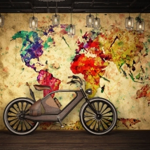 Wallpaper or mural drawing world map watercolor effect and old paper