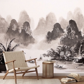 Wallpaper or wall mural artistic ink asian landscape drawing