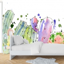 Wall mural or wallpaper modern cactus watercolor child's drawing