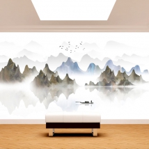 Wall mural or wallpaper background landscape watercolor lake mountains boat fisherman and birds