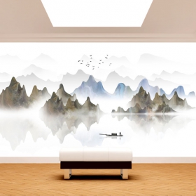 Wall mural or wallpaper background landscape watercolor lake mountains boat fisherman and birds