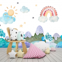 Wall mural or wallpaper child's drawing collage watercolor mountains sky stars and rainbow