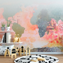 Wall mural or wallpaper drawing world map modern textures for children's youth