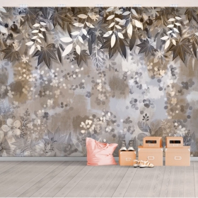 Wallpaper or mural drawing warm gray flowers and leaves decoration