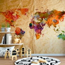 Modern world map wallpaper or photomural with old paper textures