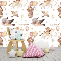 Wallpaper or mural drawing children's animals unicorns and birds