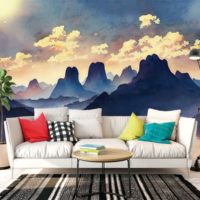 🥇 Wallpaper or mural drawing mountains and forest watercolor mist 🥇