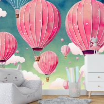 Wallpaper or wall mural drawing pink balloons in the sky for children