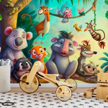 Wallpaper or mural illustration animal friends in the children's forest