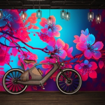 Wallpaper or wall mural drawing flowers tones of youthful neon blue and magenta