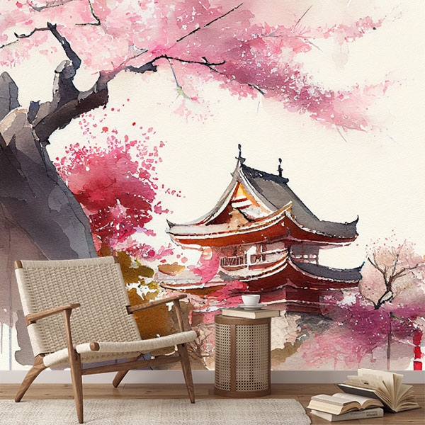 🥇 Wallpaper or mural japanese landscape drawing with temple in watercolor  🥇