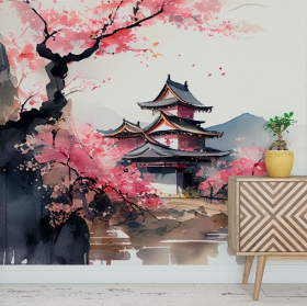 Wallpaper or wall mural illustration in watercolor asian temple landscape