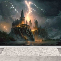 Wall mural or wallpaper drawing dark novel castle with lightning