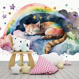 Wall mural or wallpaper magical cat drawing in sky with stars and rainbow