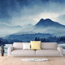 Wall mural or wallpaper blue snowy forest landscape drawing