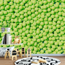 Wall mural or wallpaper composition tennis balls top view