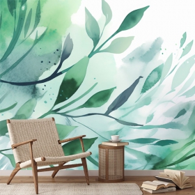 Wallpaper or mural watercolor illustration of youthful green leaves for children