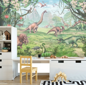 Wallpaper or wall mural illustration of dinosaurs in the forest for children and youth