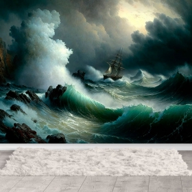 Wallpaper or mural illustration ship weathering the storm