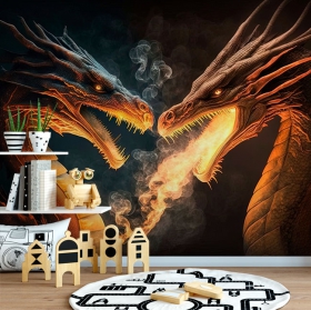 Wallpaper or mural illustration couple majestic dragons golden light