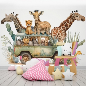 Children's wallpaper or wall mural animals on a safari ride