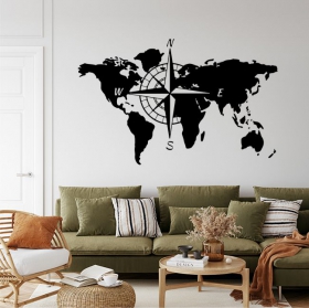 Adhesive vinyl world map with compass