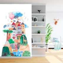 Wallpaper or mural children's illustration fairy tale castle with balloon and watercolor animals